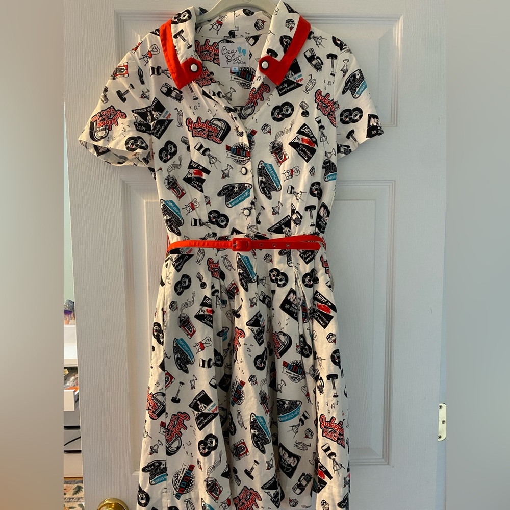 Bea & Dot Retro Print Dress with Red Belt.